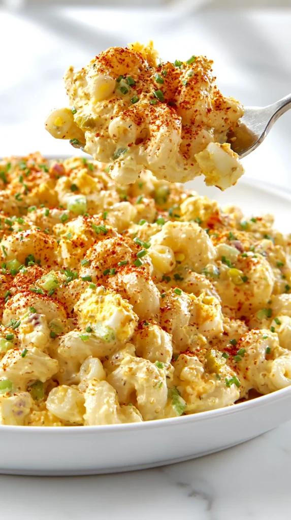 Fork lifting a creamy bite of deviled egg pasta salad with elbow macaroni, egg, celery, and paprika.