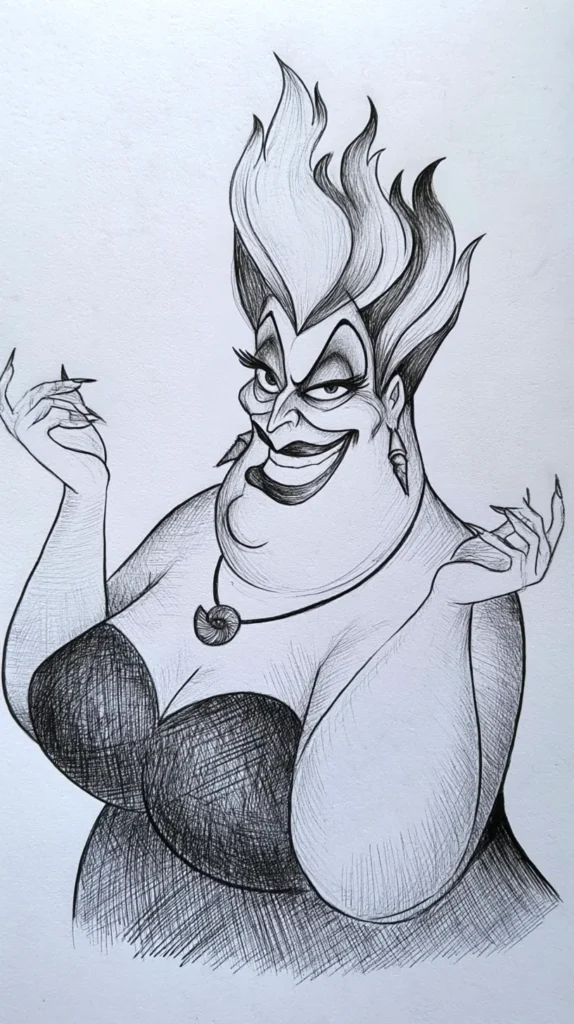 Ursula sea witch black and white Disney Villain sketch