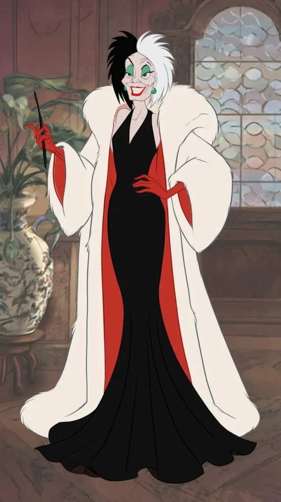Cruella de Vil (101 Dalmatians): A fur-obsessed fashionista; animated