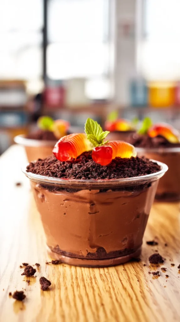 hyper-realistic photo of Earth Day classroom chocolate dirt cups in clear plastic cups on a light wood school table, topped with fine chocolate cookie crumbs, gummy worms, and small fresh mint leaves, bright natural window light, crisp realistic textures, soft blurred classroom background with subtle books and bins, playful but clean styling, no people, no hands, no text, no labels, no watermark, editorial food photography
