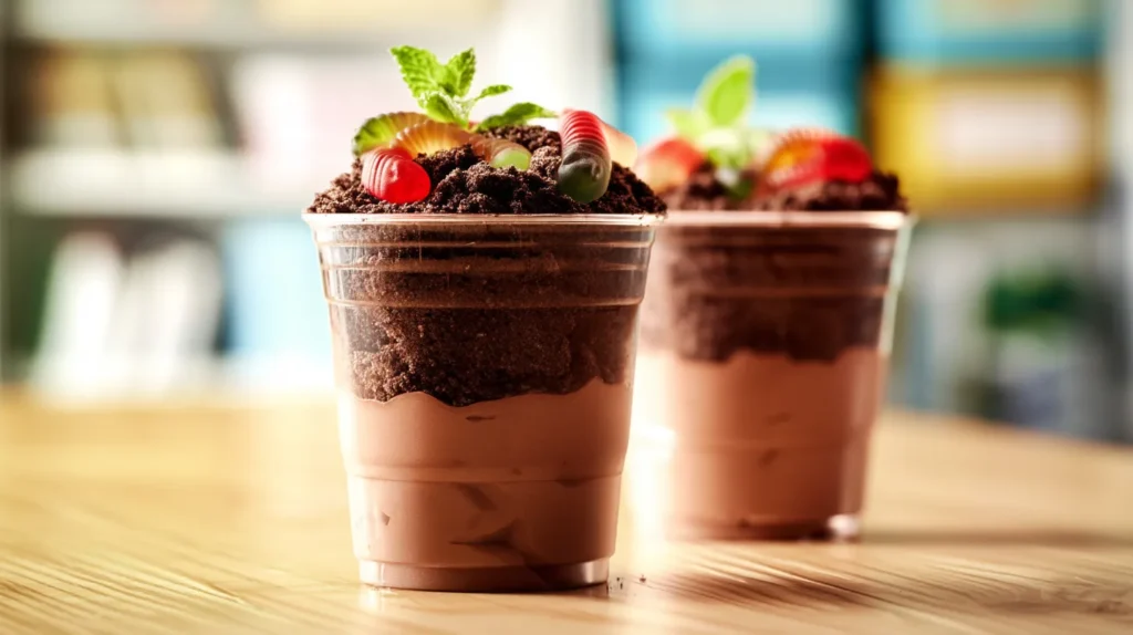 hyper-realistic photo of Earth Day classroom chocolate dirt cups in clear plastic cups on a light wood school table, topped with fine chocolate cookie crumbs, gummy worms, and small fresh mint leaves, bright natural window light, crisp realistic textures, soft blurred classroom background with subtle books and bins, playful but clean styling, no people, no hands, no text, no labels, no watermark, editorial food photography