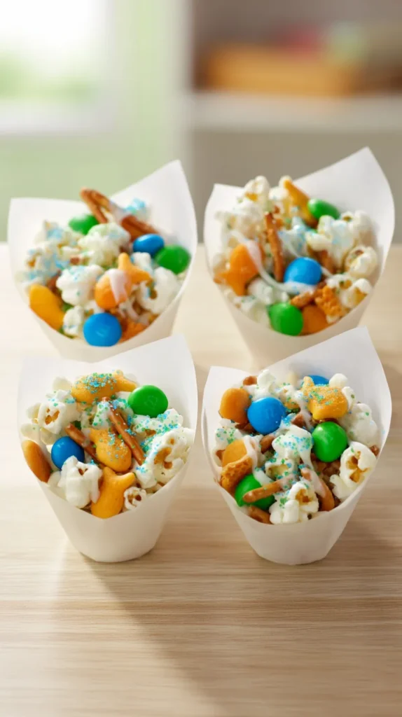 hyper-realistic food photography of 4 small white paper treat bowls filled with Earth Day popcorn mix, arranged neatly on a light wood school table, each bag visibly filled with white popped popcorn, mini pretzel sticks, Goldfish fish-shaped crackers, blue candy-coated m&m's chocolates, green candy-coated m&ms chocolates, a light drizzle of white melted candy, and a light sprinkle of blue and green sanding sugar, ingredients clearly visible and realistic, bright natural window light, crisp textures, clean spring styling, shallow depth of field, soft blurred classroom background, no people, no hands, no plates, no extra props, no text, no labels, no watermark