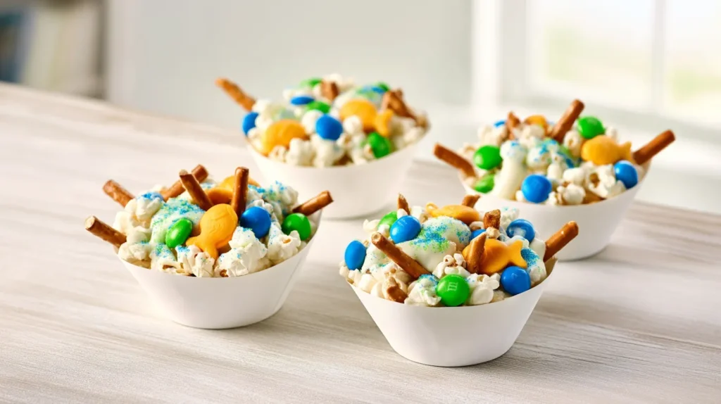 hyper-realistic food photography of 4 small white paper treat bowls filled with Earth Day popcorn mix, arranged neatly on a light wood school table, each bag visibly filled with white popped popcorn, mini pretzel sticks, Goldfish fish-shaped crackers, blue candy-coated m&m's chocolates, green candy-coated m&ms chocolates, a light drizzle of white melted candy, and a light sprinkle of blue and green sanding sugar, ingredients clearly visible and realistic, bright natural window light, crisp textures, clean spring styling, shallow depth of field, soft blurred classroom background, no people, no hands, no plates, no extra props, no text, no labels, no watermark