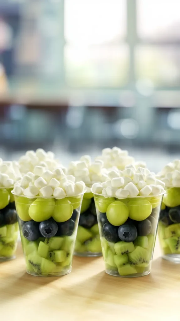 hyper-realistic photo of Earth Day classroom fruit cups arranged neatly on a light wood school table, clear plastic cups layered with green grapes, blueberries, diced kiwi, and white mini marshmallows on top, bright natural window light, crisp realistic fruit textures, colorful fresh spring styling, soft blurred classroom background with subtle school details, no people, no hands, no text, no labels, no watermark, editorial food photography