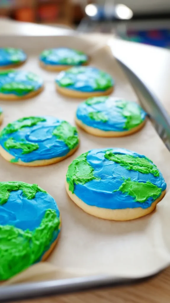 hyper-realistic angled-overhead photo of Earth Day classroom globe cookies displayed on a parchment-lined tray on a light wood school table, round sugar cookies decorated with blue frosting and uneven green frosting patches to resemble the Earth and continents, bright natural window light, crisp realistic frosting texture, colorful clean spring styling, soft blurred classroom background, no people, no hands, no text, no labels, no watermark, editorial food photography