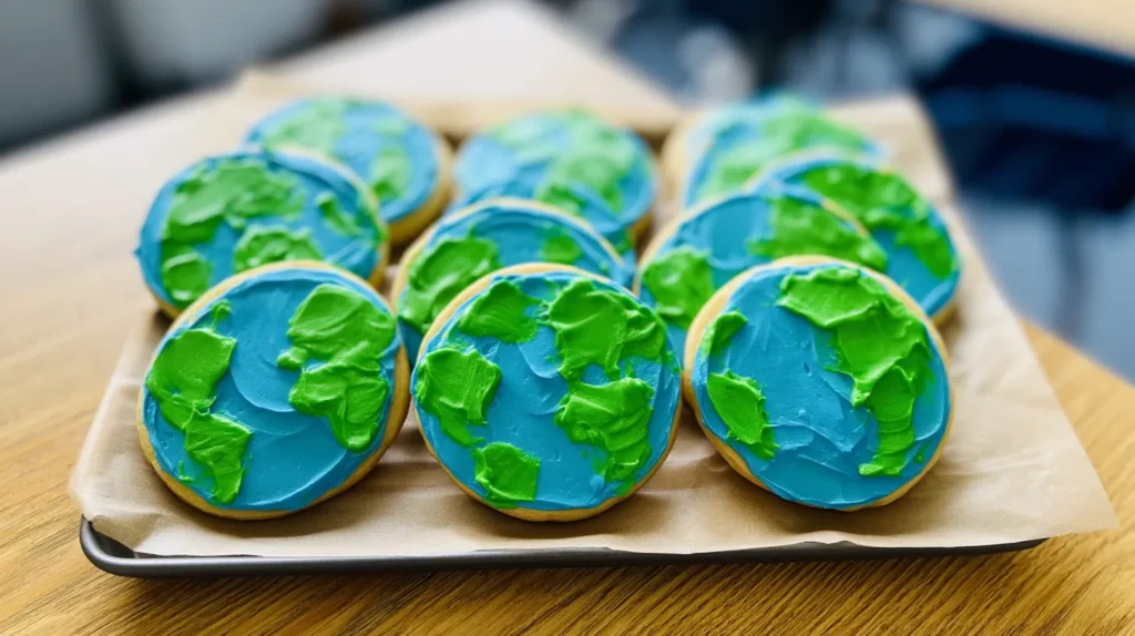 hyper-realistic angled-overhead photo of Earth Day classroom globe cookies displayed on a parchment-lined tray on a light wood school table, round sugar cookies decorated with blue frosting and uneven green frosting patches to resemble the Earth and continents, bright natural window light, crisp realistic frosting texture, colorful clean spring styling, soft blurred classroom background, no people, no hands, no text, no labels, no watermark, editorial food photography