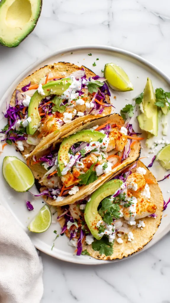 Plated healthy fish tacos filled with flaky white fish, crisp slaw, avocado, cotija, and creamy lime sauce on a white marble countertop in a bright kitchen.
