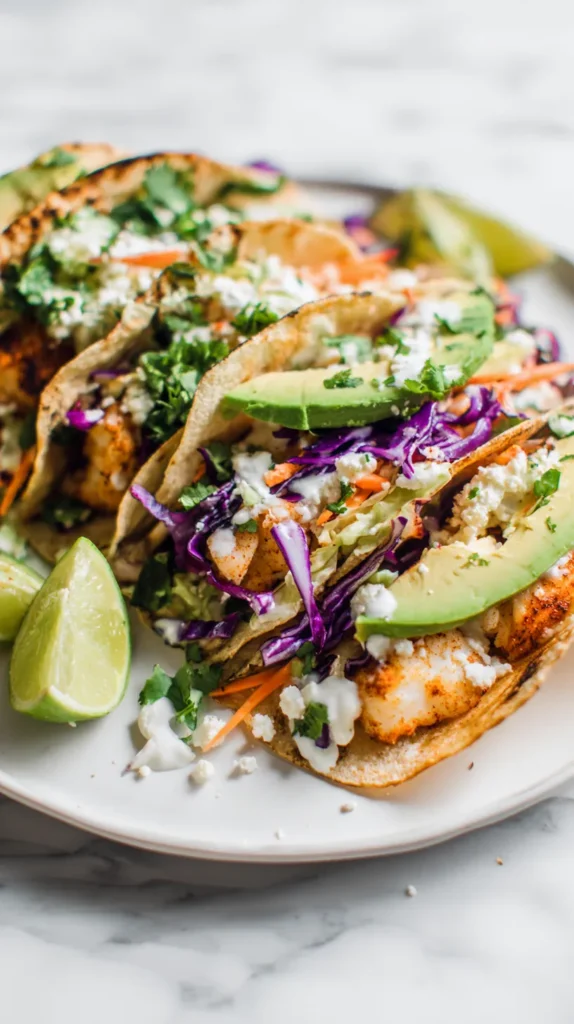 Fresh healthy fish tacos with seasoned fish, green and purple cabbage, carrots, avocado, cilantro, and lime wedges served on a white ceramic plate.