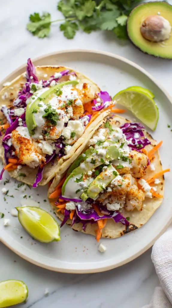 Finished healthy fish tacos made with flaky cod, corn tortillas, colorful slaw, avocado slices, crumbled cheese, and fresh lime on a bright kitchen counter.
