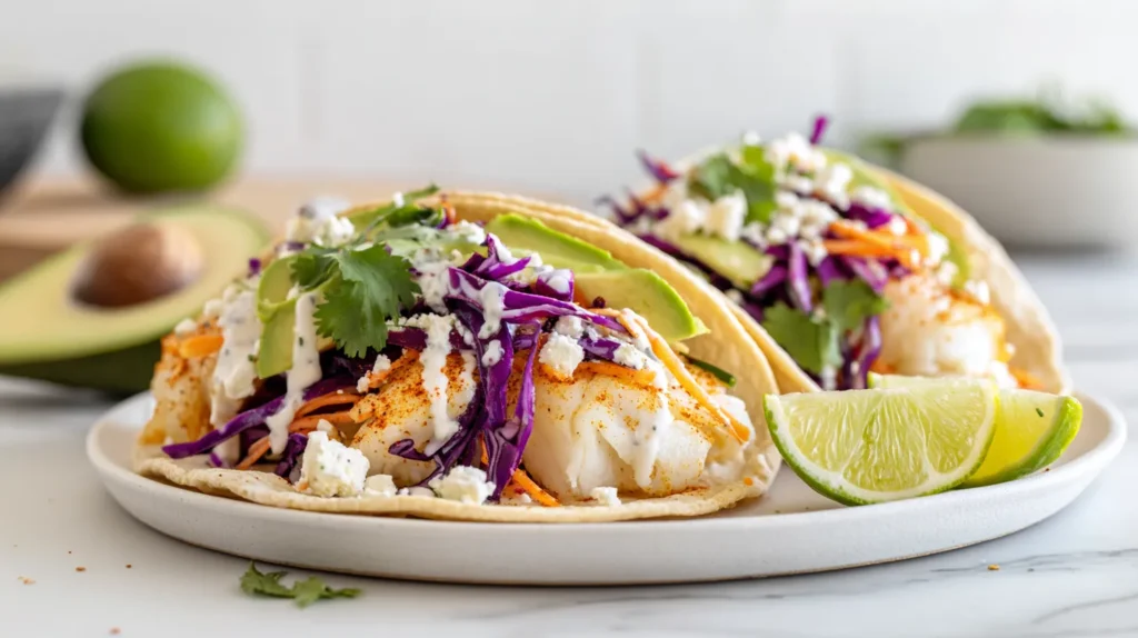 White fish tacos topped with crunchy cabbage slaw, avocado, creamy sauce, cotija, and cilantro on a white plate set on a white marble kitchen counter.