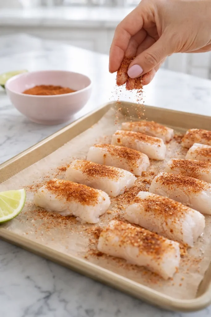 A hand with a light pink manicure sprinkles taco seasoning over cod pieces on a gold-toned baking sheet on a white marble counter, with a pink bowl of spices and a lime wedge nearby.