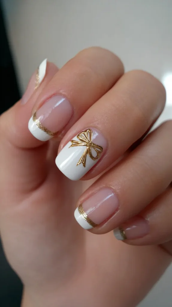 white tips, manicure, gold bow accent, nail art