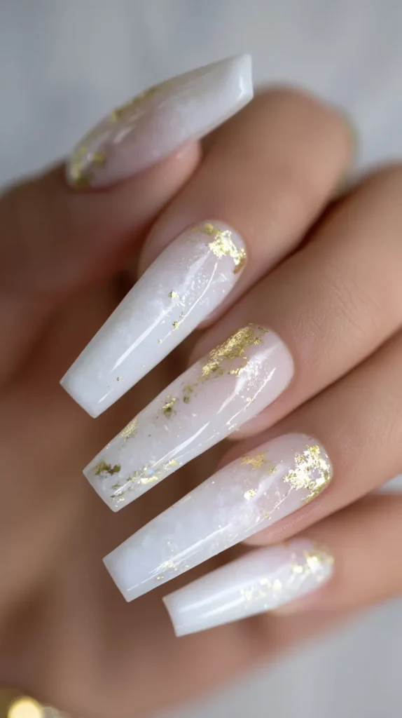 very long mob nails, white and gold