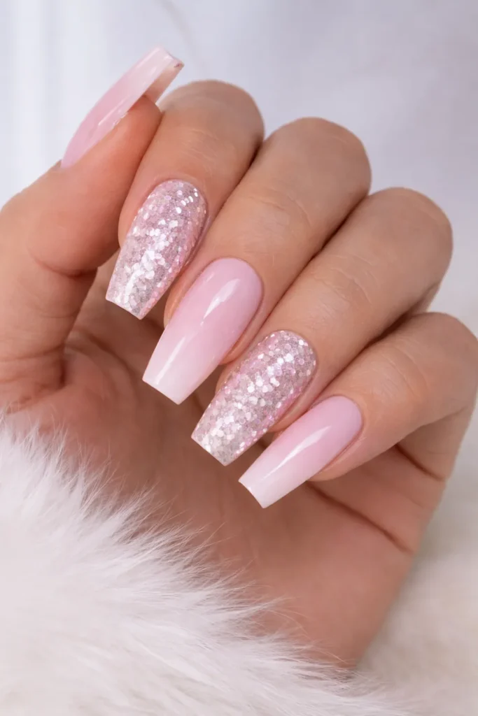 pink and silver glitter nails, graduation