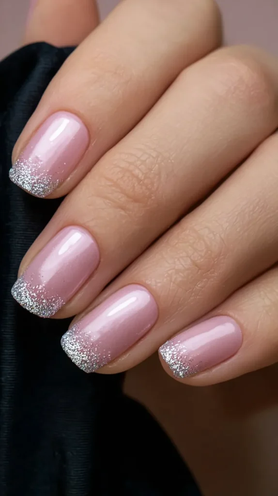 shorter pink nails with silver glitter tips