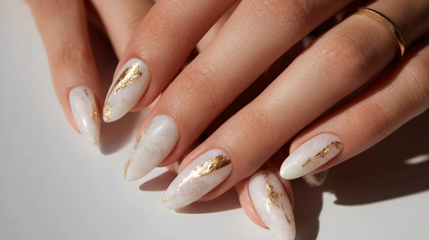 Hyper-realistic close-up photo of almond-shaped graduation nails with a milky white glossy finish, gold foil accents, soft shimmer detail, clean cuticles, no jewelry, elegant and classy manicure, bright soft lighting, neutral background, high-end beauty editorial look
