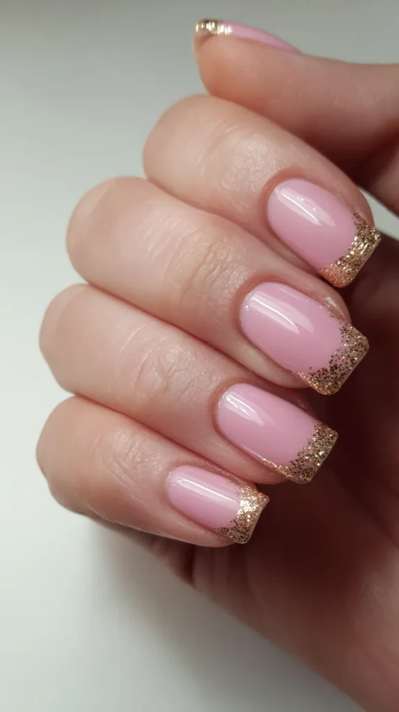 graduation nails, pink nails, gold glitter tips