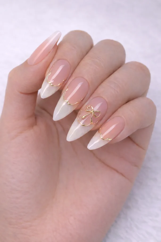 graduation nails, white, gold bow