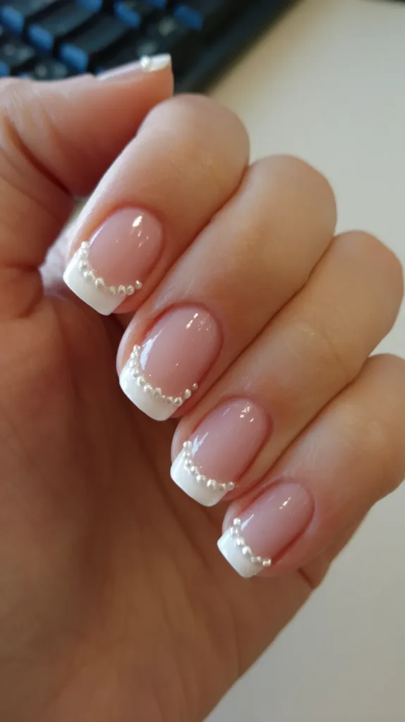 white tips, pearls, nail art, manicure for graduation