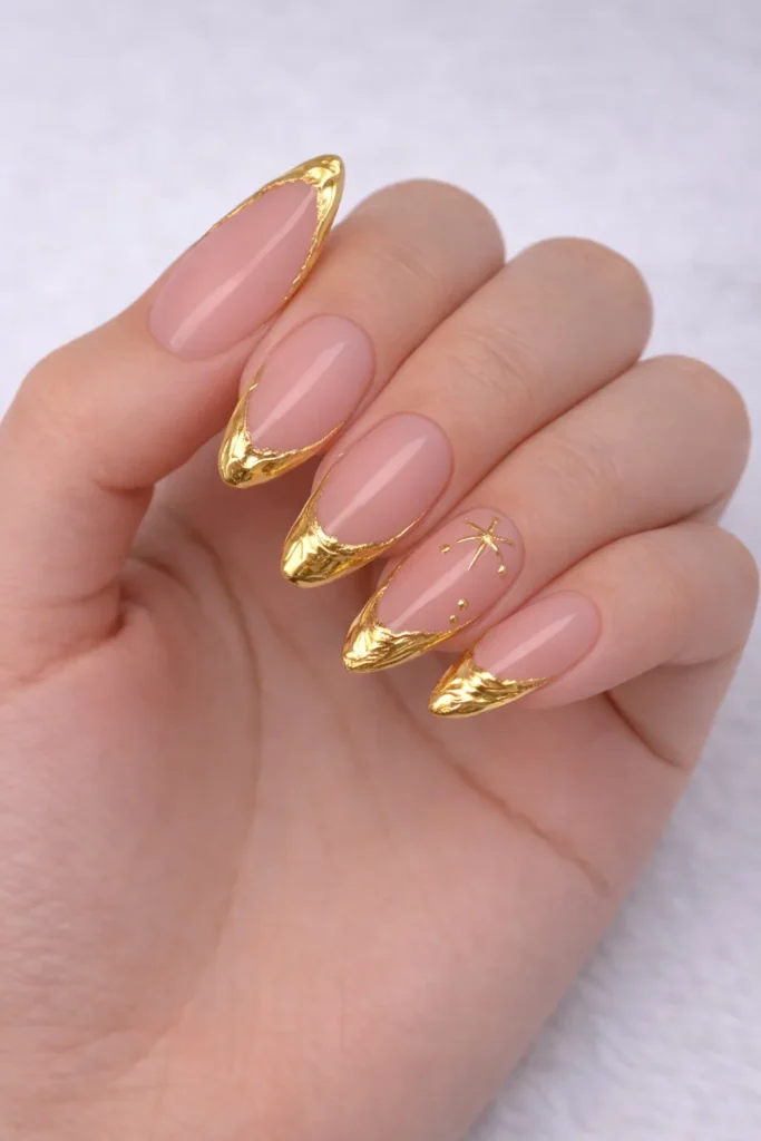 gold tips, manicure, metallic