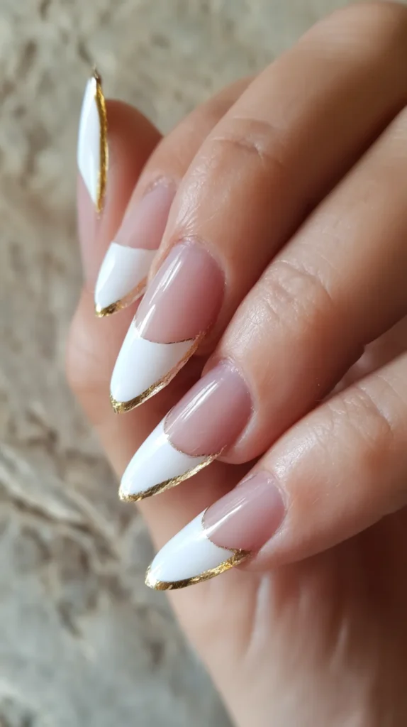 white and gold long French tips, manicure