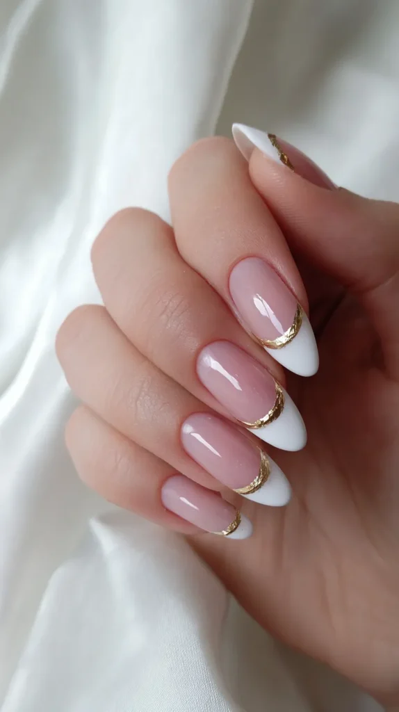 graduation nails, white and gold French tips