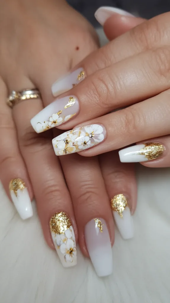 white, gold, floral patterned graduation nails