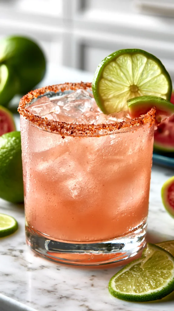hyper-realistic photo of a fresh guava margarita in a short clear cocktail glass with a Tajín rim, pale pink guava cocktail over ice, garnished with a lime wheel and a small guava slice on the rim, set on a white marble countertop in a bright white kitchen, crisp editorial food photography, clean summer styling, fresh limes and sliced guava nearby, subtle condensation on the glass, true-to-life textures, vibrant but realistic color, sharp focus, no people, no text, no logos, no watermark