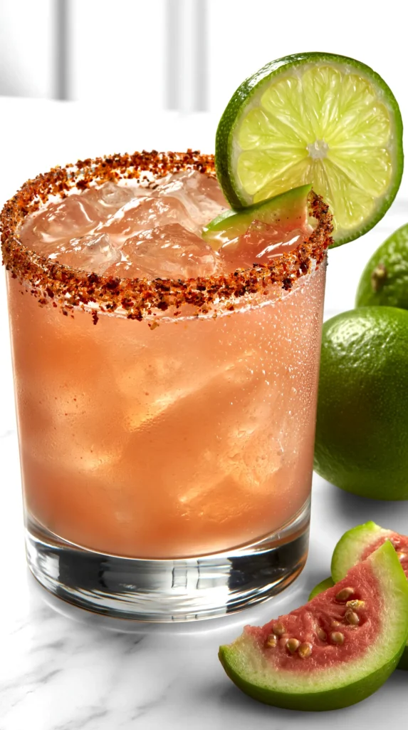 hyper-realistic photo of a fresh guava margarita in a short clear cocktail glass with a Tajín rim, pale pink guava cocktail over ice, garnished with a lime wheel and a small guava slice on the rim, set on a white marble countertop in a bright white kitchen, crisp editorial food photography, clean summer styling, fresh limes and sliced guava nearby, subtle condensation on the glass, true-to-life textures, vibrant but realistic color, sharp focus, no people, no text, no logos, no watermark