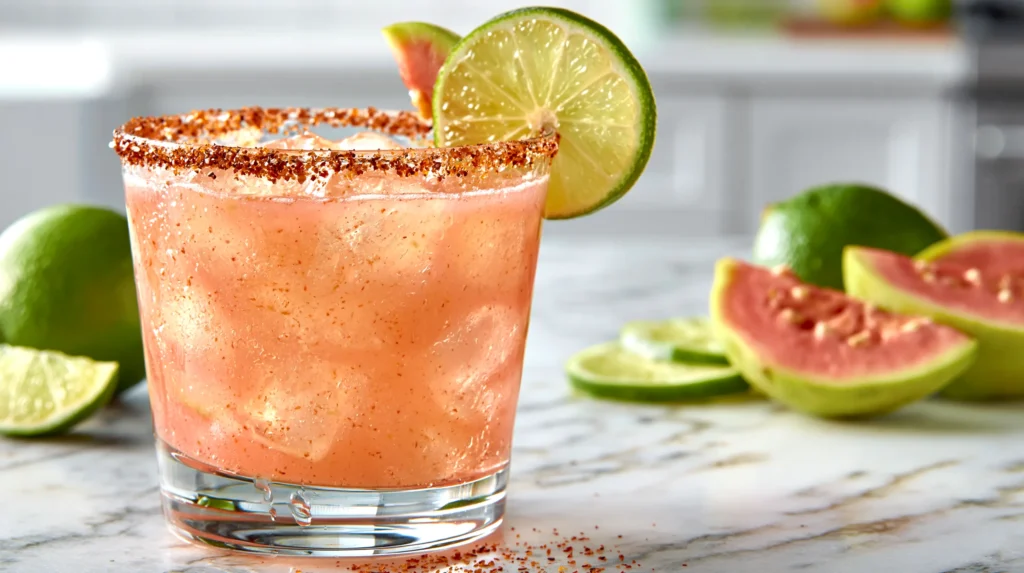 hyper-realistic photo of a fresh guava margarita in a short clear cocktail glass with a Tajín rim, pale pink guava cocktail over ice, garnished with a lime wheel and a small guava slice, set on a white marble countertop in a bright white kitchen, soft natural window light, crisp editorial food photography, clean summer styling, fresh limes and sliced guava nearby, subtle condensation on the glass, true-to-life textures, vibrant but realistic color, sharp focus, no people, no text, no logos, no watermark