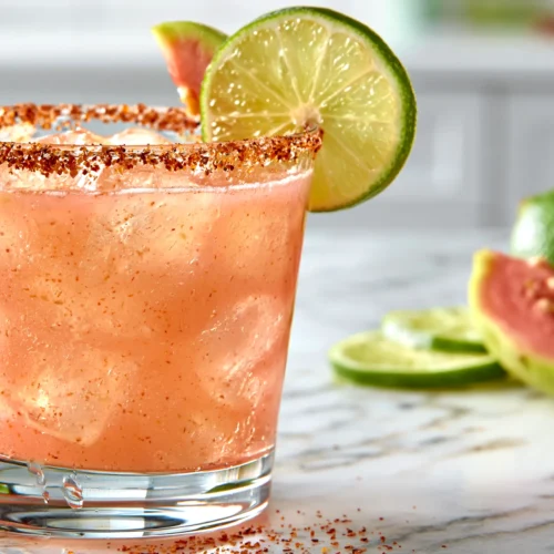 hyper-realistic photo of a fresh guava margarita in a short clear cocktail glass with a Tajín rim, pale pink guava cocktail over ice, garnished with a lime wheel and a small guava slice, set on a white marble countertop in a bright white kitchen, soft natural window light, crisp editorial food photography, clean summer styling, fresh limes and sliced guava nearby, subtle condensation on the glass, true-to-life textures, vibrant but realistic color, sharp focus, no people, no text, no logos, no watermark