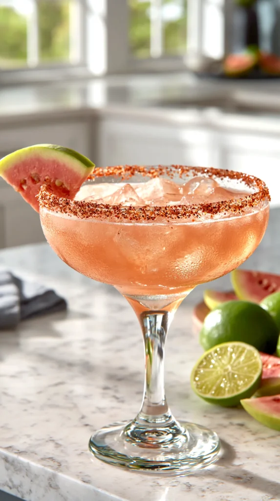 hyper-realistic photo of a fresh guava margarita served in a classic margarita glass, pale pink guava cocktail over ice with a Tajín rim, garnished rim with a small guava slice, set on a white marble countertop in a bright white kitchen, soft natural window light, crisp editorial food photography, clean summer styling, fresh limes and sliced guava nearby, subtle condensation on the glass, true-to-life textures, vibrant but realistic color, sharp focus, no people, no text, no logos, no watermark