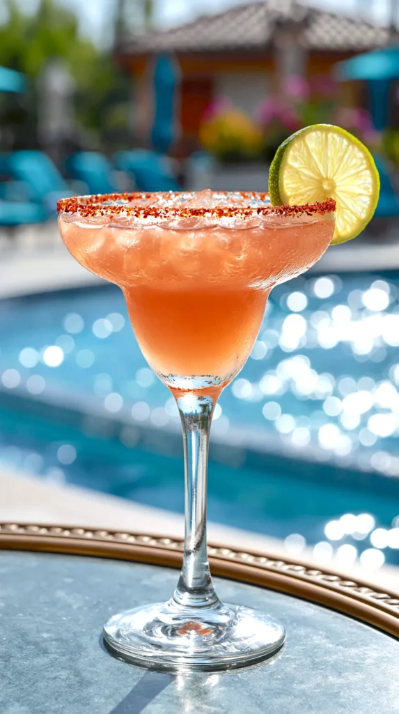 hyper-realistic photo of a fresh guava margarita served in a classic margarita glass, pale pink guava cocktail over ice with a Tajín rim, garnished with a small guava slice, set on an outdoor table poolside, bright natural sunlight, sparkling blue pool in the background, relaxed resort-style setting, crisp editorial food photography, clean summer styling, subtle condensation on the glass, true-to-life textures, vibrant but realistic color, sharp focus, no people, no text, no logos, no watermark