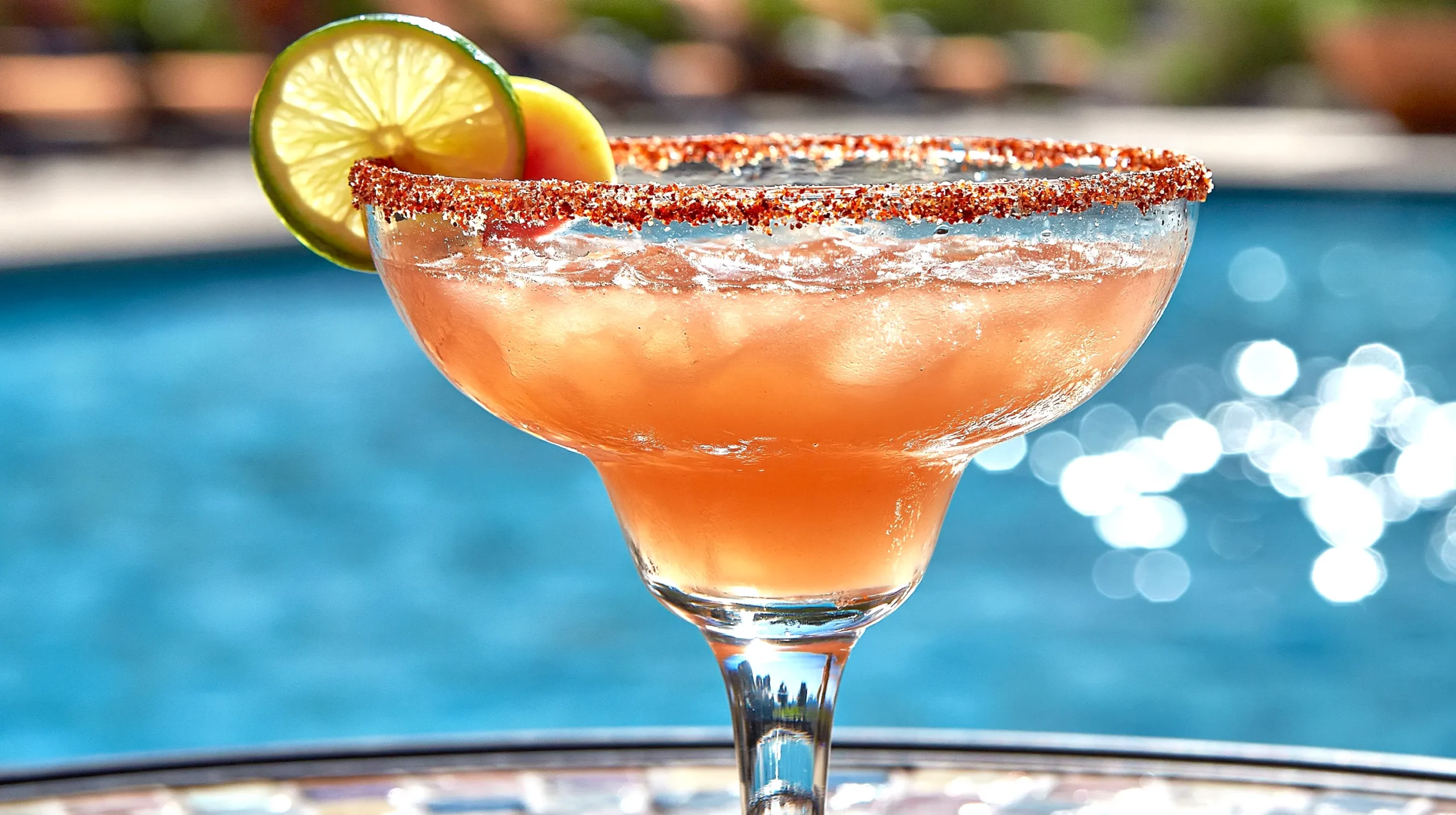 hyper-realistic photo of a guava margarita served in a classic margarita glass on an outdoor poolside table, soft blush-coral pink cocktail over ice, slightly translucent with a fresh guava and lime look, Tajín rim, garnished with a lime wheel and a small guava slice, bright natural sunlight, sparkling blue pool in the background, upscale resort-style setting, clean summer atmosphere, crisp editorial food photography, subtle condensation on the glass, realistic textures, fresh and elegant styling, sharp focus, no people, no text, no logos, no watermark