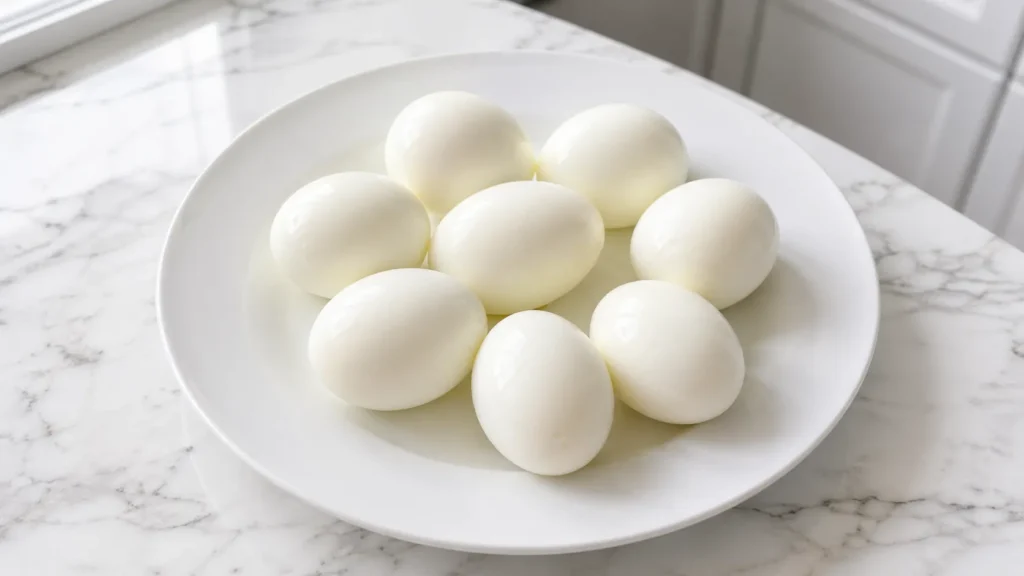 8 peeled hard-boiled eggs arranged on a white ceramic plate, smooth white egg surfaces with natural slight texture and realistic shape variation, neatly styled but still natural, set on a white marble countertop in a bright white kitchen