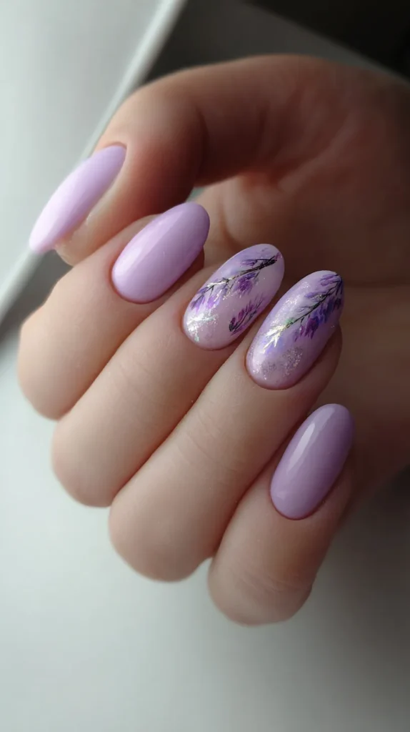 lavender colored manicure, accents of florals