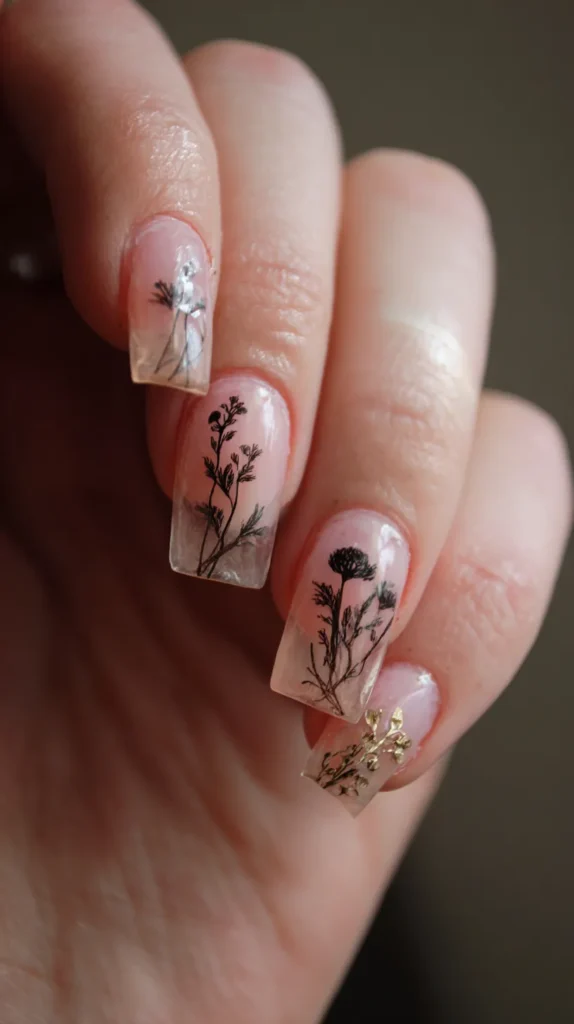 floral nails, translucent, May nails ideas, manicure