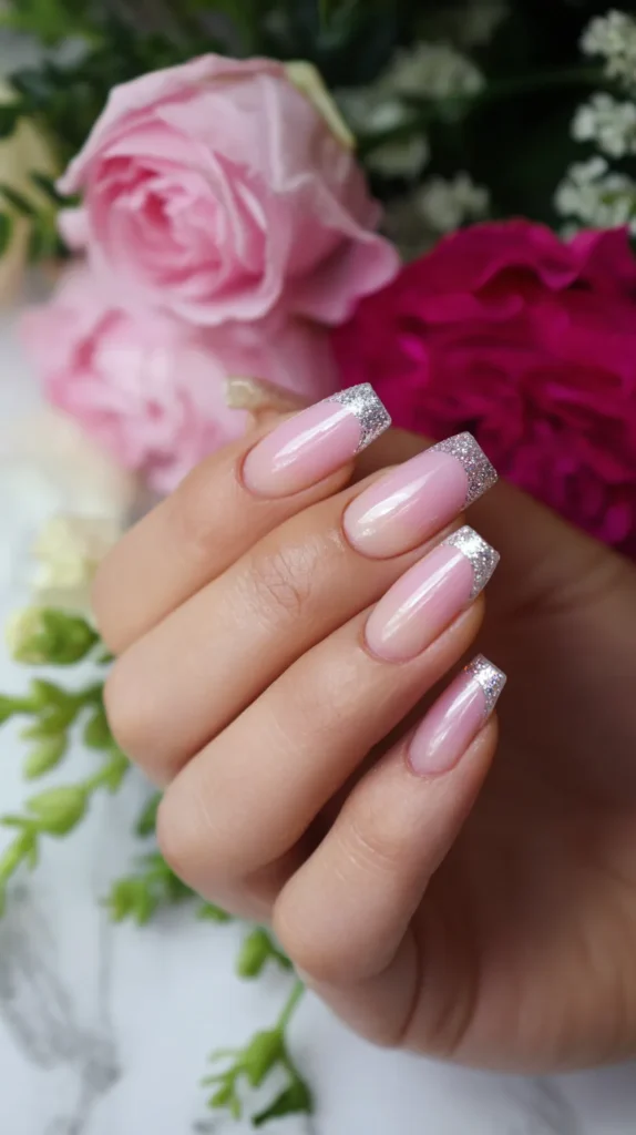 pastel pink May nails, silver tip, manicure ideas
