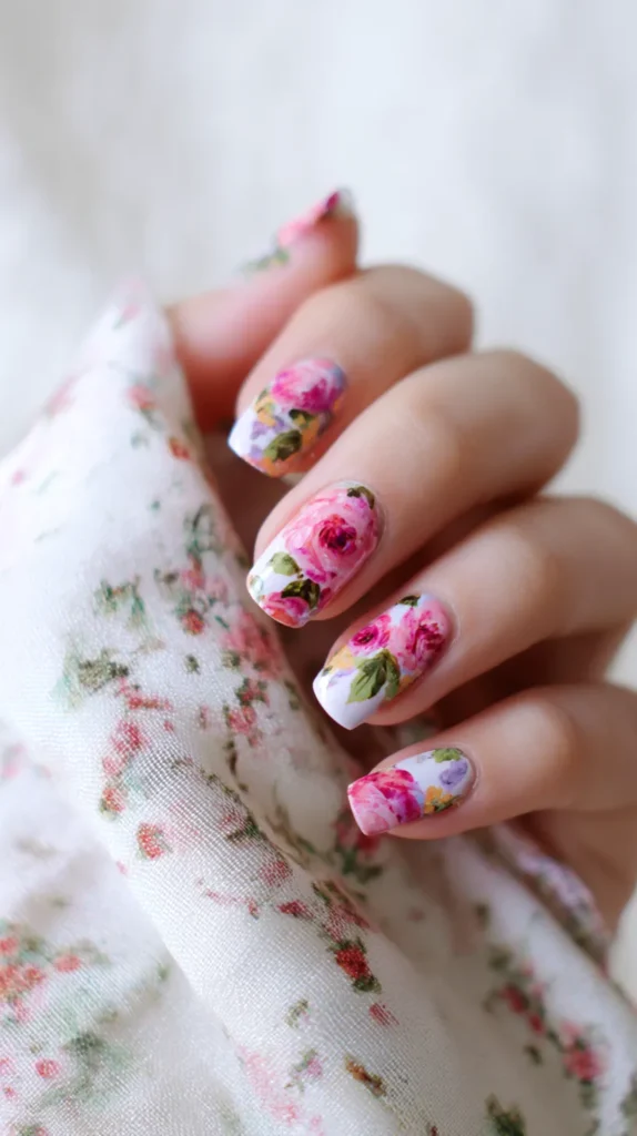 floral nail design, nail art, manicure, female hand, pink flowers