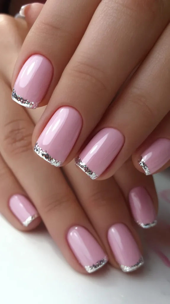 pink nails with silver tips