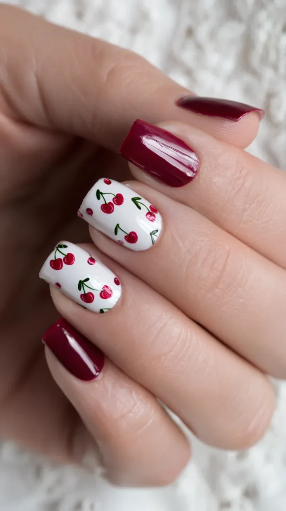 cherry accent nails, manicure for May nails
