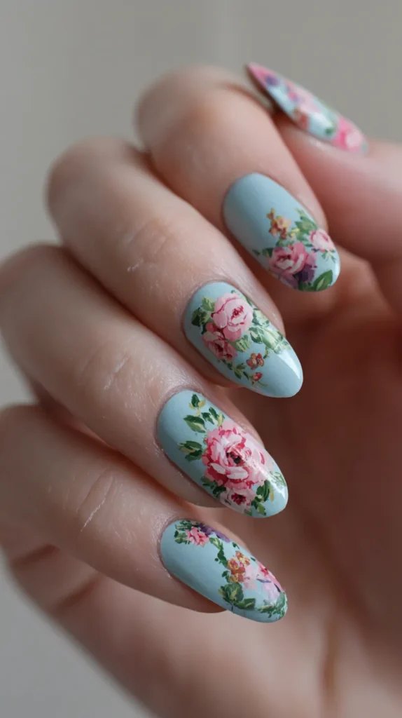 blue and pink floral nail design