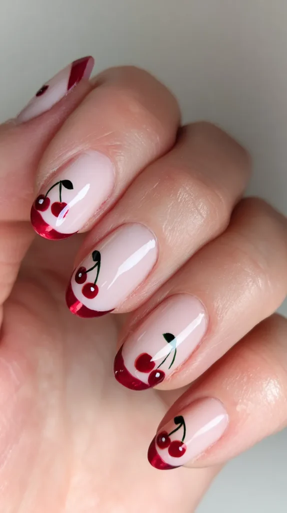 cherry nail art, female hand