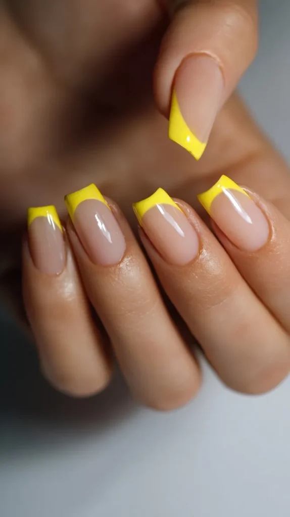 french tips in yellow, manicure, female hand