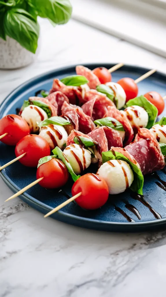 Savory patriotic skewers with cherry tomatoes, mozzarella balls, folded salami, basil leaves, and balsamic drizzle arranged on a white plate.