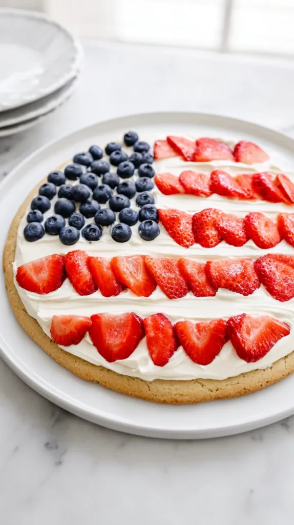 Patriotic fruit pizza on a white plate with cream cheese frosting, blueberries in one corner, and sliced strawberries arranged in stripes on a white marble counter.