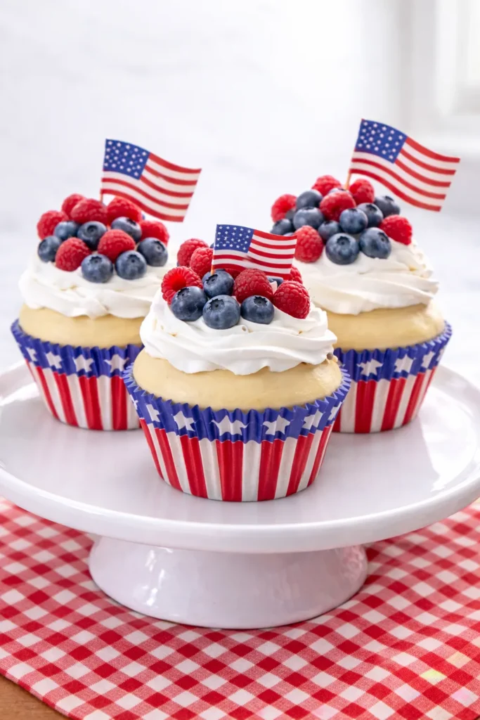 three Memorial Day American themed cupcakes
