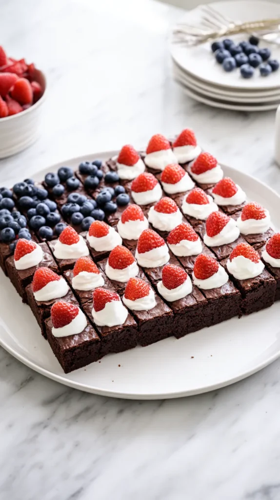 Brownie flag dessert made with fudgy brownie squares, whipped topping, raspberries, and blueberries arranged in an American flag pattern on a white plate.