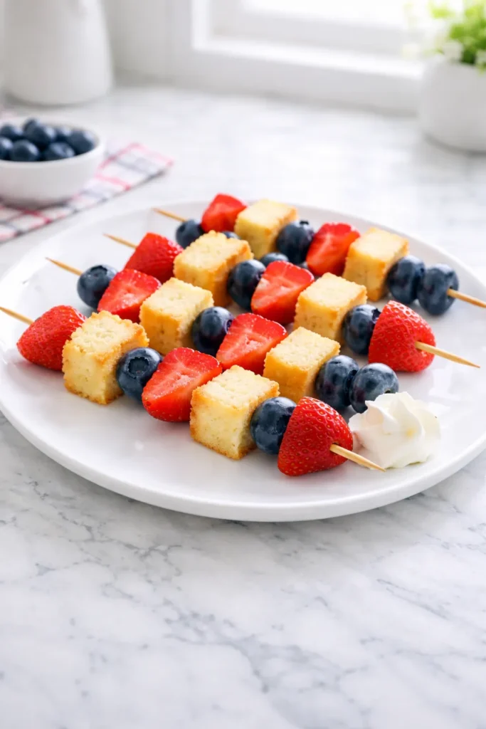 Red, white, and blue dessert skewers with pound cake cubes, strawberries, blueberries, and whipped cream on a white plate on a white marble counter.