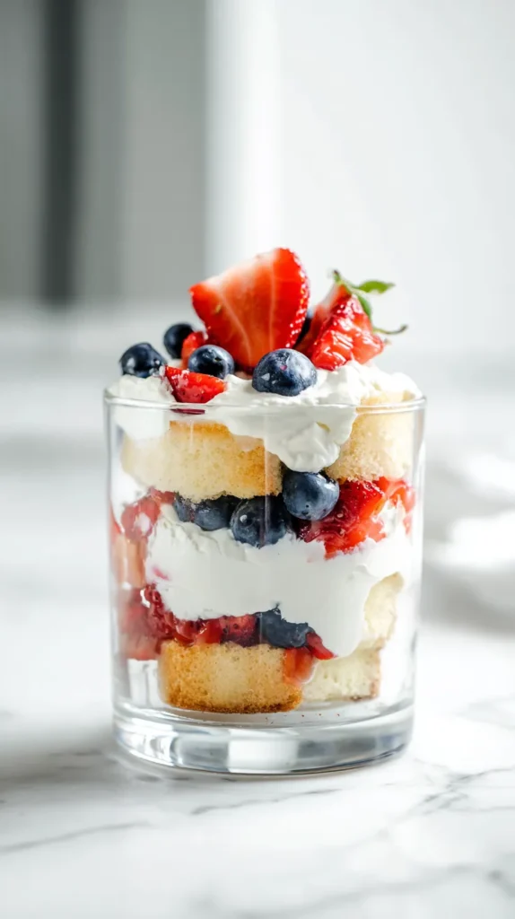 Mini berry trifle in a clear glass with layers of pound cake, whipped cream, strawberries, and blueberries on a white marble counter.